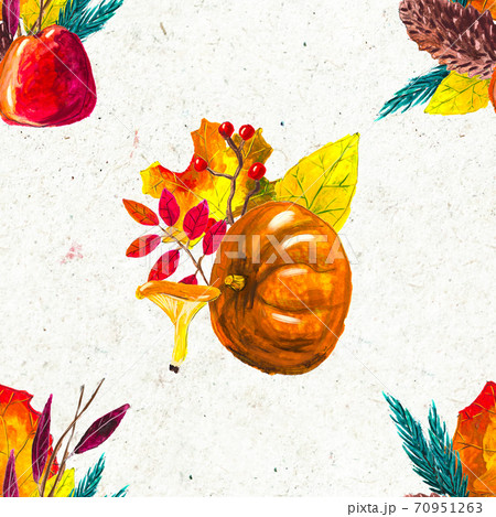 Autumn watercolor hand drawn seamless pattern with leaves mushrooms and pine cones Autumn watercolor hand drawn seamless pattern with leaves mushrooms and pine cones 70951263