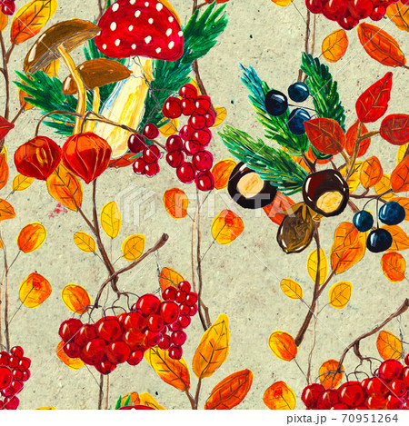 Autumn watercolor hand drawn seamless pattern with leaves mushrooms and pine cones Autumn watercolor hand drawn seamless pattern with leaves mushrooms and pine cones 70951264