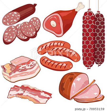 Cartoon delicious meat products. Vector illustration set. Cartoon delicious meat products. Vector illustration set. 70953159