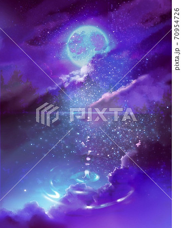 リラックスする満月と星空と水面の波紋の背景のイラスト素材