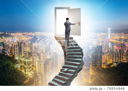 Concept of career ladder and door with businessman Concept of career ladder and door with businessman 70954946