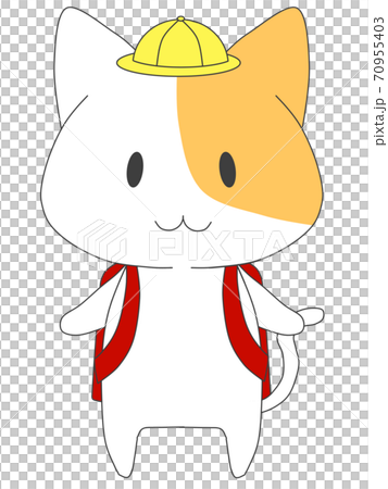 通学帽をかぶって 赤いランドセルを背負う猫のキャラクターのイラスト素材
