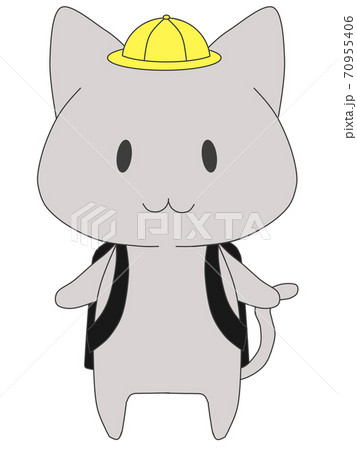 通学帽をかぶって 黒いランドセルを背負う猫のキャラクターのイラスト素材