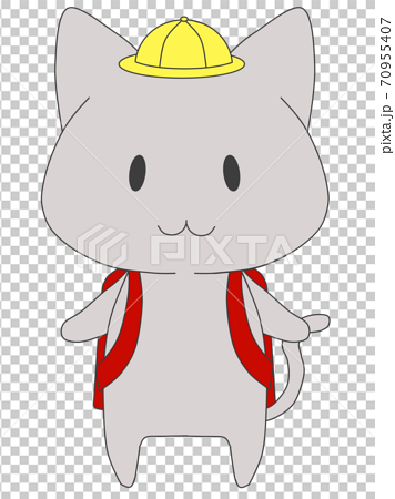 通学帽をかぶって 赤いランドセルを背負う猫のキャラクターのイラスト素材