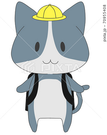 通学帽をかぶって 黒いランドセルを背負う猫のキャラクターのイラスト素材