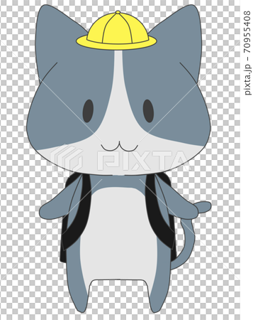 通学帽をかぶって 黒いランドセルを背負う猫のキャラクターのイラスト素材