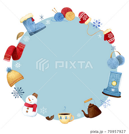 手描き水彩 冬アイテム フレーム イラスト 水色のイラスト素材