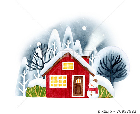 手描き水彩 雪の家 イラストのイラスト素材