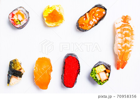 Sushi Set sashimi and sushi rolls served on white background Sushi Set sashimi and sushi rolls served on white background 70958356