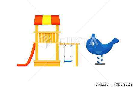 Kids Playground Elements with Slide and Merry-go-round Vector Set 70958528