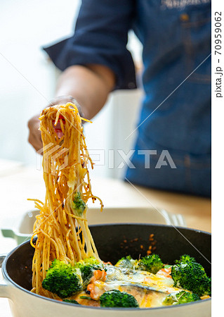 Aglio Olio Pasta with Cheese Grill Salmon 70959062