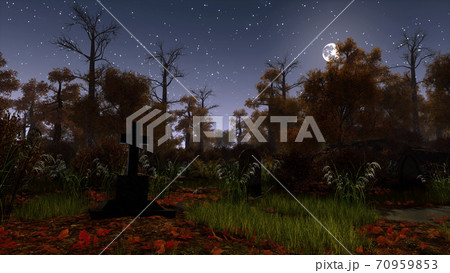 Old tombstone cross in creepy night forest 3D 70959853