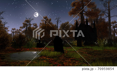 Scary old abandoned graveyard at moonlight night 70959854