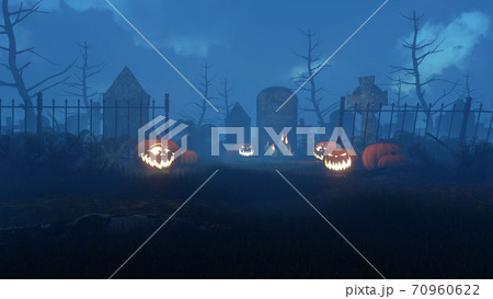 Jack-o-lantern pumpkins at misty night cemetery 3D 70960622