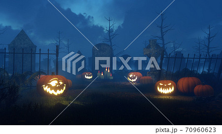 Halloween pumpkins at scary night cemetery 3D Halloween pumpkins at scary night cemetery 3D 70960623