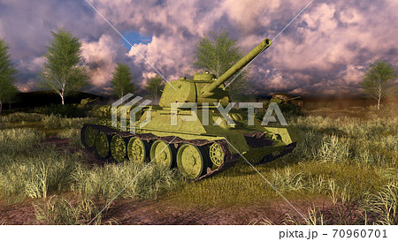 Old russian tank T 34 on WWII battlefield 3D 70960701