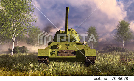 Old soviet tank T-34 on battlefield frontal view 70960702