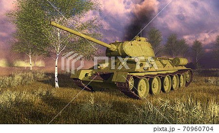 Old russian tank T-34 on WWII battlefield 3D 70960704