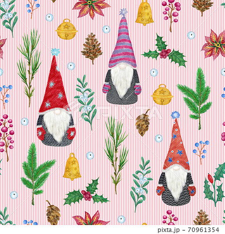 Christmas seamless pattern with gnomes and plants, illustration for cards, gift paper, festive decoration 70961354
