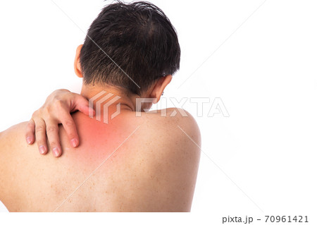 Sore pain of shoulder. Sprain and arthritis symptoms. middle age man holding his hurt shoulder Sore pain of shoulder. Sprain and arthritis symptoms. middle age man holding his hurt shoulder 70961421