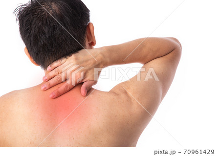 Sore pain of neck. Sprain and arthritis symptoms. middle age man holding his hurt neck Sore pain of neck. Sprain and arthritis symptoms. middle age man holding his hurt neck 70961429