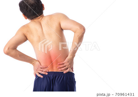 Sore pain of lower back or spine. Sprain and arthritis symptoms. middle age man holding his hurt lower back 70961431