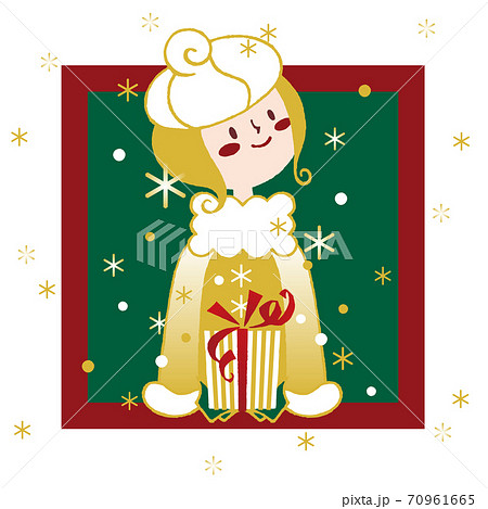 クリスマスカード キラキラ金色に輝く雪とプレゼントを届ける女の子 ゴールド 正方形のイラスト素材