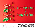 Christmas background, Christmas box with red ribbon and green ribbon, red ball and gold star on red background. Christmas background and Happy New Year for background 70962635