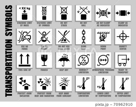 Packaging symbols collection of care handling with warning caution for heavy cargo transport. Don't move, roll, stack, clamp, truck, limit, protect, pressure, keep dry, fragile 70962910