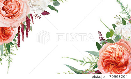 Vector floral watercolor bouquet frame, border design: pale coral Juliette rose flower, blush pink, peach, ivory white roses, burgundy amaranth, Eucalyptus greenery leaves, tender heather, forest fern 70963204