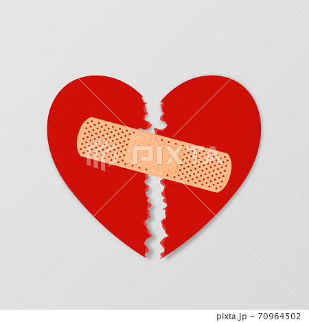 Vector Realistic Paper Textured Torn Heart with Medical Patch Closeup Isolated on White Background. Broken Heart, Divorce, Valentines Day, Relationship Concept. Paper Art 70964502