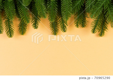 Top view of green fir tree branches on colorful background. New year holiday concept with empty space for your design Top view of green fir tree branches on colorful background. New year holiday concept with empty space for your design 70965290