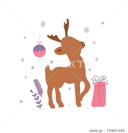 Christmas minimalistic card with reindeer and ball. Vector illustration with winter motif 70965380