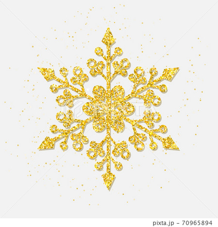 Golden snowflake covered bright glitter on white background. Shining gold snowflake great for New year and Christmas party posters, headers, seasonal wallpaper, winter background. Vector 70965894