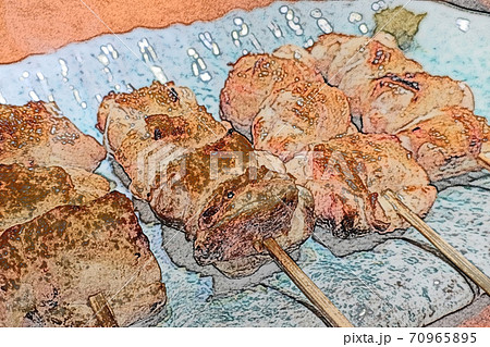 庶民的で素朴な「比内地鶏の焼き鳥」色鉛筆画風 70965895