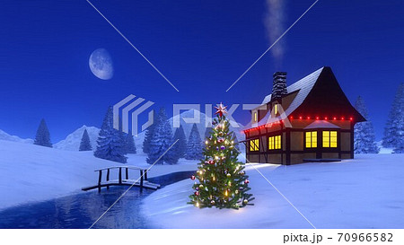 Christmas tree near mountain cabin at winter night 70966582