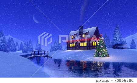 Rural house and frozen river at snowy winter night Rural house and frozen river at snowy winter night 70966586