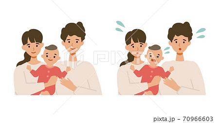 笑顔の若いパパ ママと赤ちゃんのイラストセットのイラスト素材