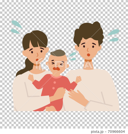 困る若いパパ ママと赤ちゃんのイラストセットのイラスト素材