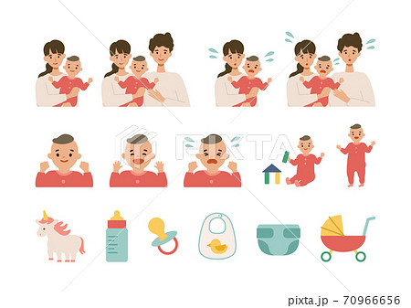 若いパパ、ママと赤ちゃんのイラストセット 70966656