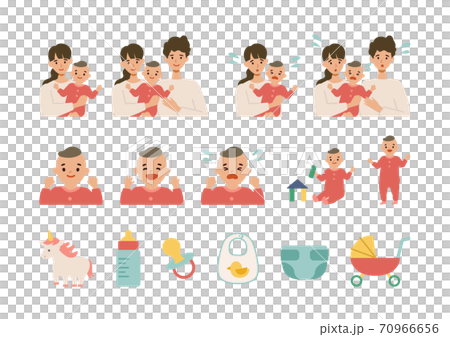 若いパパ、ママと赤ちゃんのイラストセット 70966656