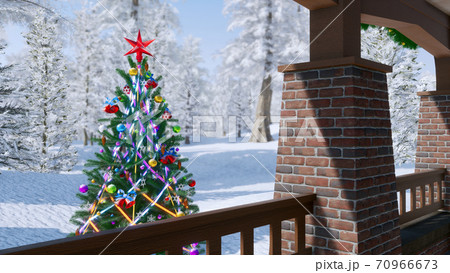 Outdoor decorated christmas tree at winter day 3D 70966673