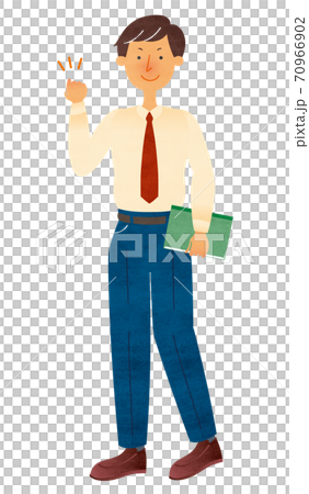 書類を持ちながらガッツポーズをするスーツ姿の若い男性のイラスト素材