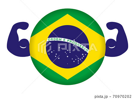 強いブラジルのイメージイラスト 円形のブラジル国旗と力こぶ のイラスト素材