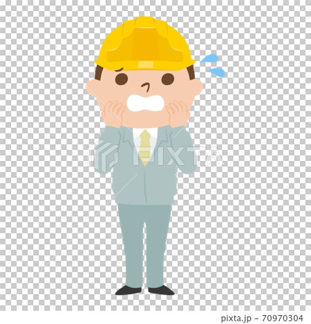 一位男性建造者的例證。一個年輕人佩帶的工作服和盔甲。一個男人因麻煩著急。 70970304