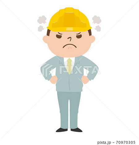 男性の建設業者のイラスト。作業着とヘルメットを着用してる若い男性。怒っている男性。 男性の建設業者のイラスト。作業着とヘルメットを着用してる若い男性。怒っている男性。 70970305