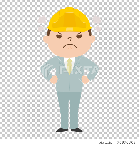 男性の建設業者のイラスト。作業着とヘルメットを着用してる若い男性。怒っている男性。 男性の建設業者のイラスト。作業着とヘルメットを着用してる若い男性。怒っている男性。 70970305