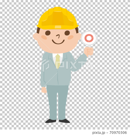 Illustration of a male builder. A young man wearing work clothes and a helmet. A man with a correct circle. Illustration of a male builder. A young man wearing work clothes and a helmet. A man with a correct circle. 70970306