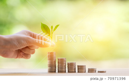 Hand putting coin on step of coin step growing growth saving money Hand putting coin on step of coin step growing growth saving money 70971396