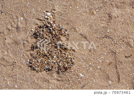 2021: drawing of a Christmas tree made of shells on the sand. copy space. New year on the beach 70973461